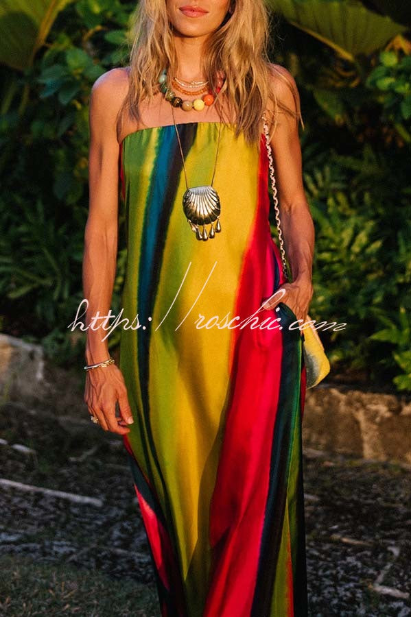 Artistic Rainbow Satin Watercolor Print Off Shoulder Pocketed H-line Maxi Dress