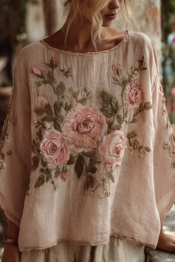 Bohemian Floral Print Round Neck Long-sleeved Loose Top
