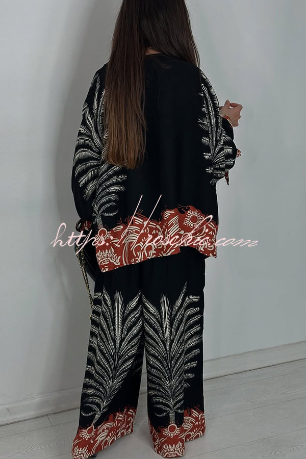 Unique Print Loose Drawstring Long Sleeve Top and Elastic Waist Casual Pocket Wide Leg Pants Set