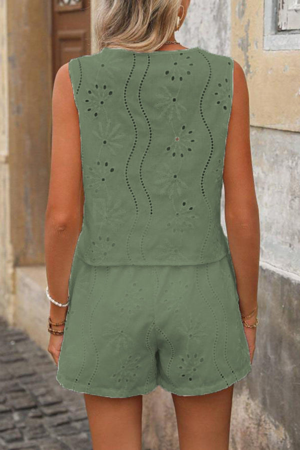 Solid Color Embroidered V-neck Button Casual Vest and Loose Pocket Shorts Set