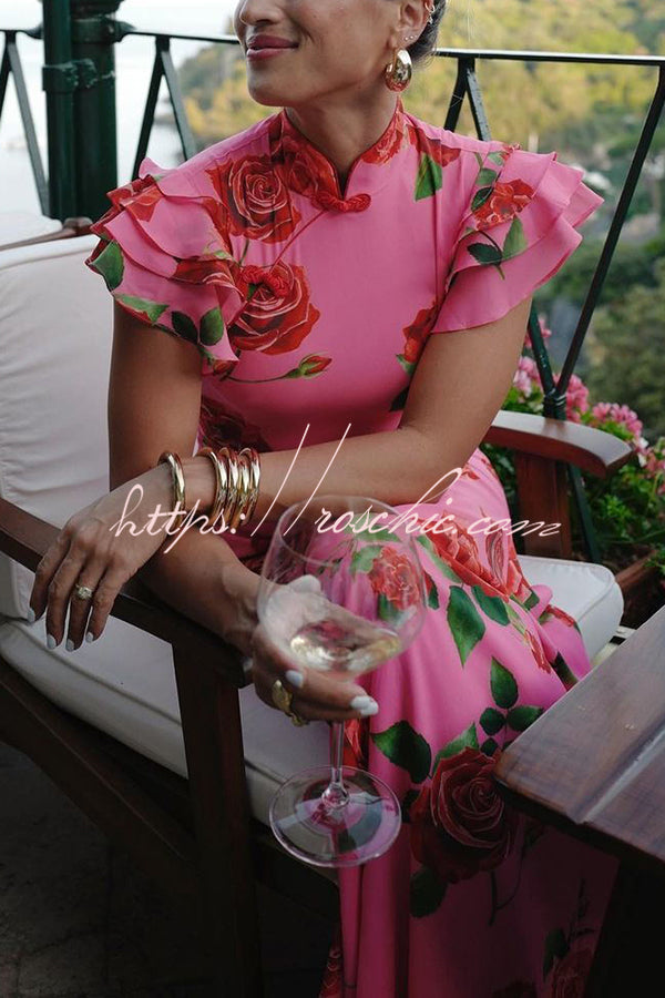 Cheongsam Style Rose Floral Print Tiered Flare Sleeve Stretch Maxi Dress