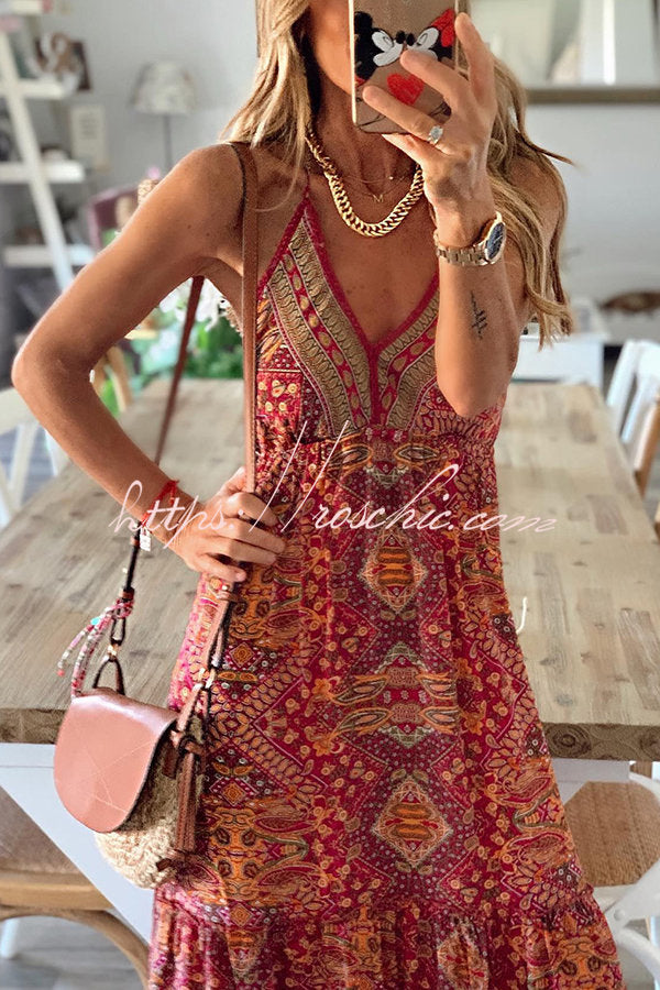 Celeste Boho Printed Strap Elastic Waist Maxi Dresses