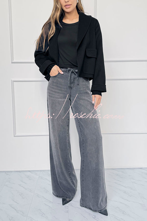 Comfortable Season Shawl Collar Open-front Long Sleeve Flap Pockets Crop Coat