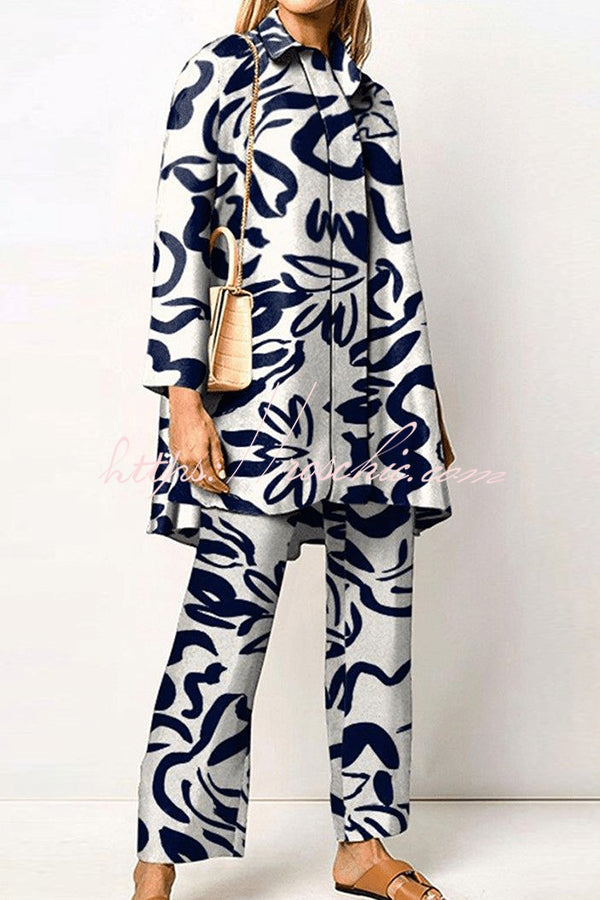 Geometric Print Lapel Long Sleeved Top and Pants Two Piece Set