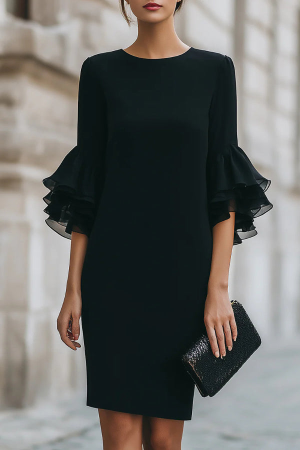 Solid Color Round Neck Ruffle Sleeve Elegant Mini Dress – roschic