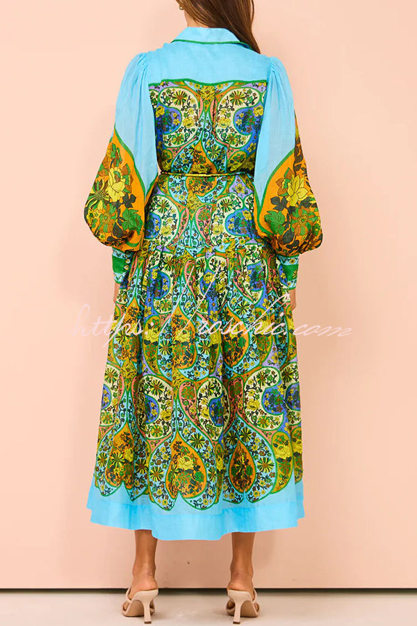 Feeling Butterflies Multi Unique Print Balloon Sleeve Belt Shirt Midi Dress