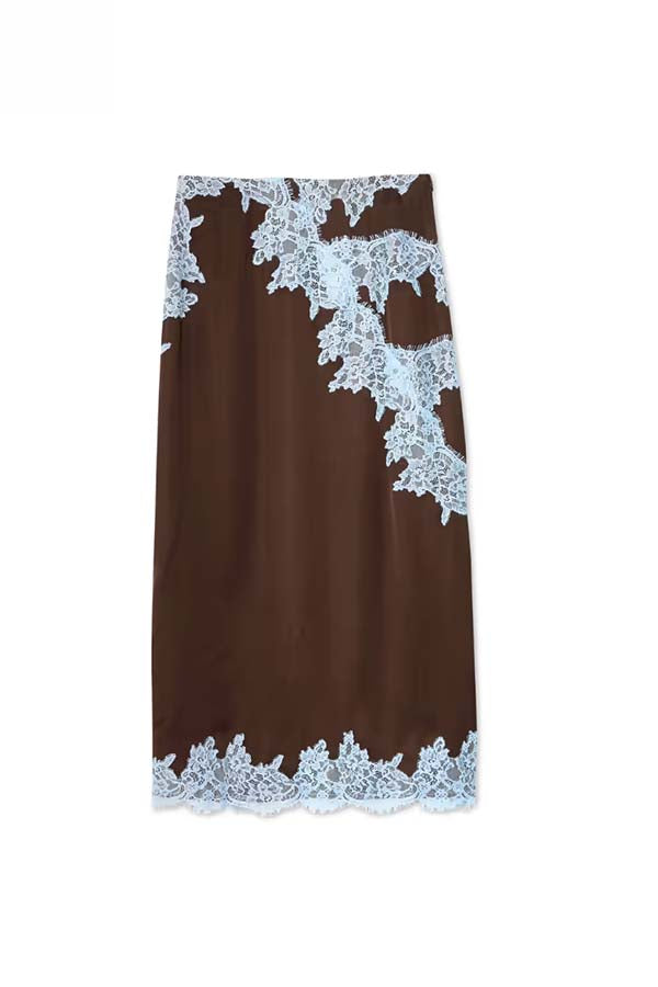 Sunday Social Contrast Color Satin Lace Trim Mid Rise Maxi Skirt (Shipped Within 24 Hours)
