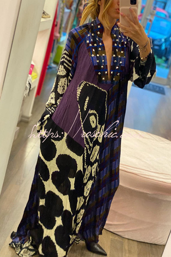 Creative Colorblock Print Long Sleeve Pocketed Shirt Maxi Dress