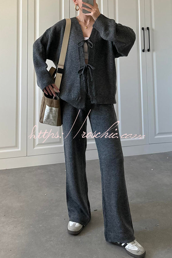Solid Color V-neck Tie Long-sleeved Loose Knit Cardigan and Elastic Waist Casual Straight Leg Pants Set