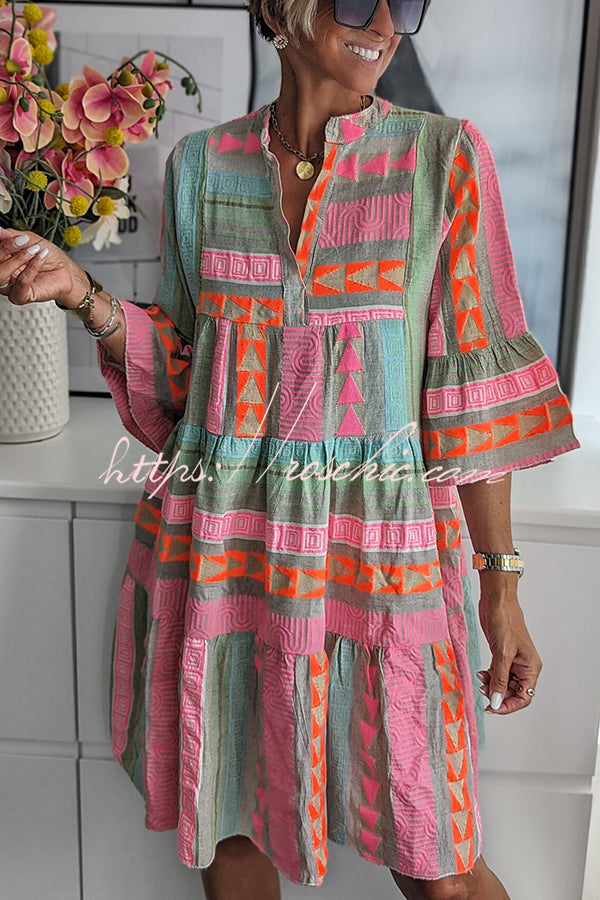 Just My Type Linen Blend Colorful Ethnic Print Bell Sleeve Babydoll Mini Dress