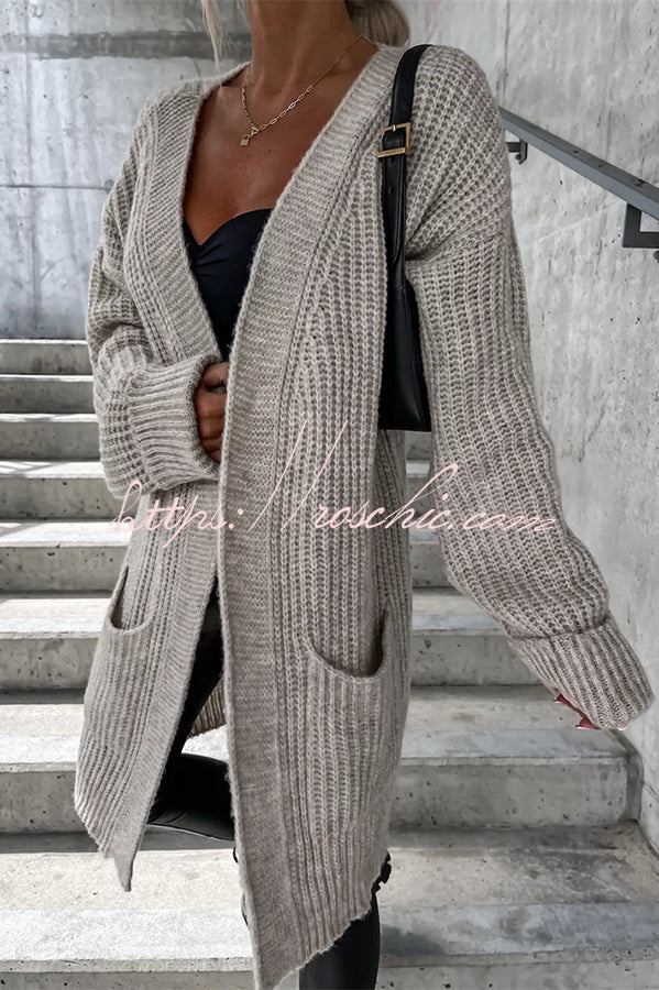 Solid Color Striped Pocket Long Sleeve Cardigan