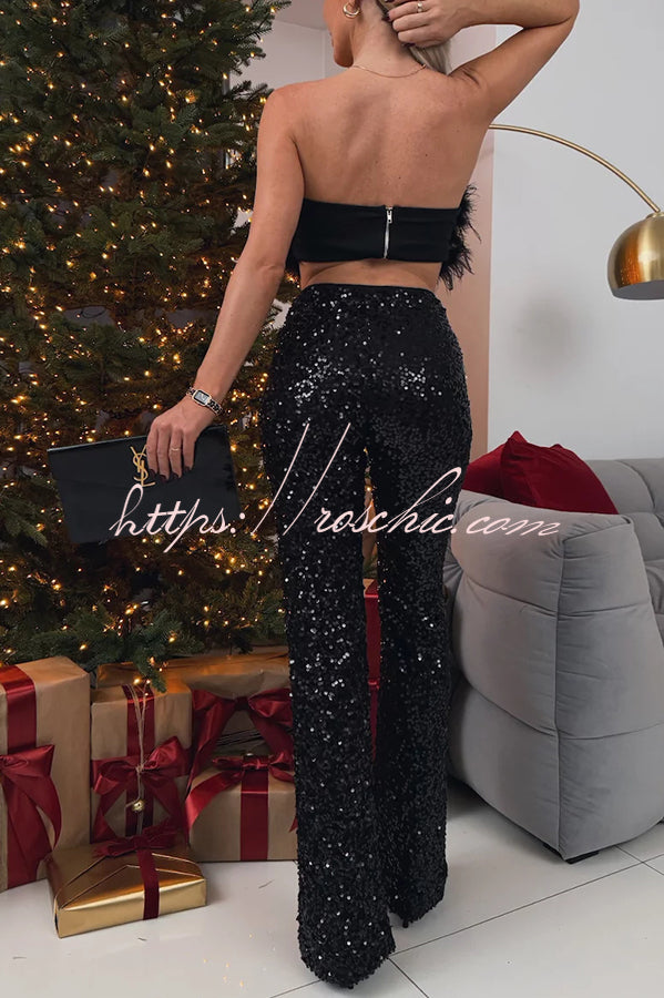 Chic Party Season Sequin High Rise Elastic Waist Flared Stretch Pants