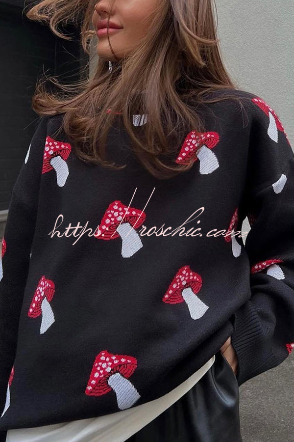 Mushroom Pattern Casual Loose Round Neck Knitted Sweater