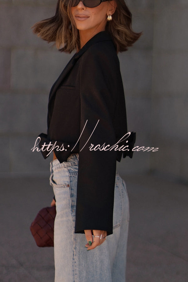 So Chic Bow Trim Long Sleeve Lapel Crop Blazer