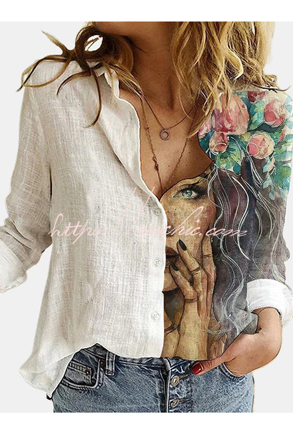 Figure Print Button Design Long Sleeve Casual Blouse