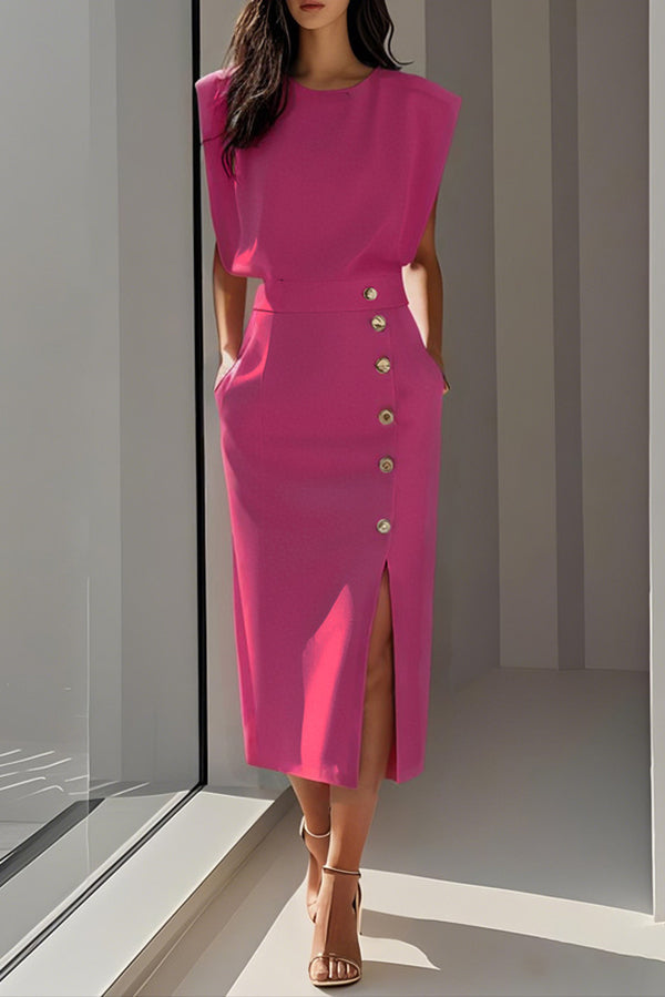 Solid Color Round Neck Sleeveless Button Slit Midi Dress