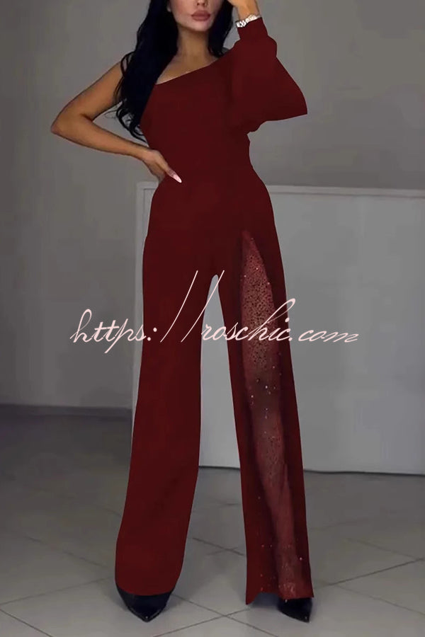 Fashionable Oblique Shoulder One-sleeve Sexy High Slit Slim Jumpsuit