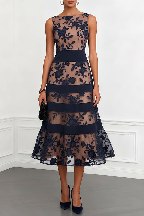 Rosmie Flower Mesh Lace Colorblock Boat Neck Sleeveless A-Line Midi Dress