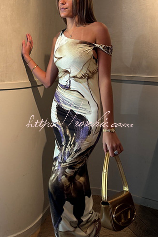 Charming Mentality Abstract Floral Print One Shoulder Stretch Maxi Dress