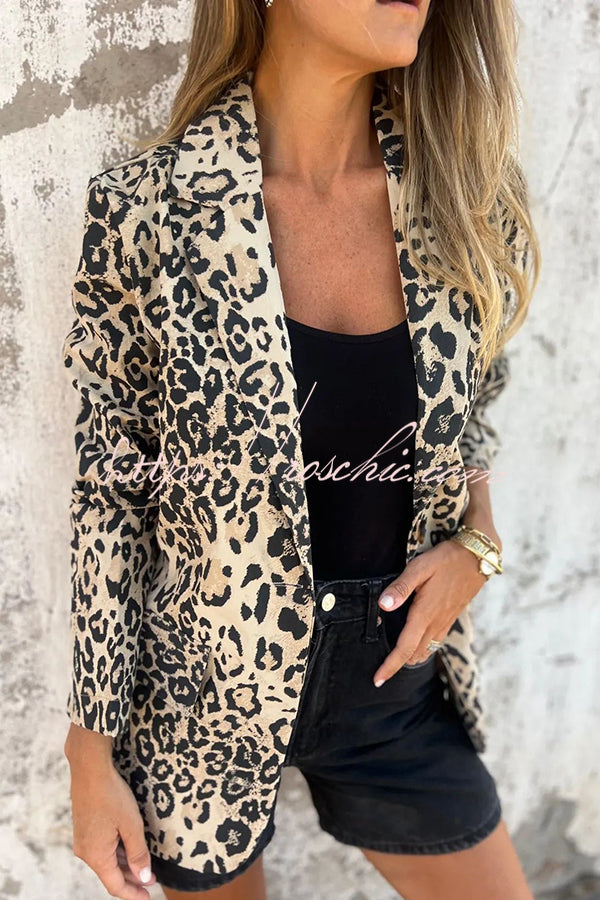 Leopard Print Lapel Long Sleeve Casual Blazer