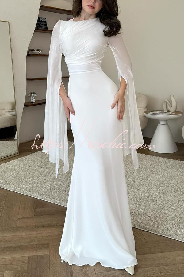 Liora Ruched Organza and Satin Patchwork Design Long Bell Slit Sleeve Maxi Dress, White / 2XL Liora Ruched Organza and Satin Patchwork Design Long Bell Slit Sleeve Maxi Dress, White / 2XL