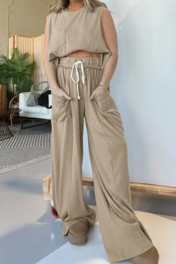 Best Comfort Pocketed Tank Top and Elastic Waist Wide Leg Pants Set