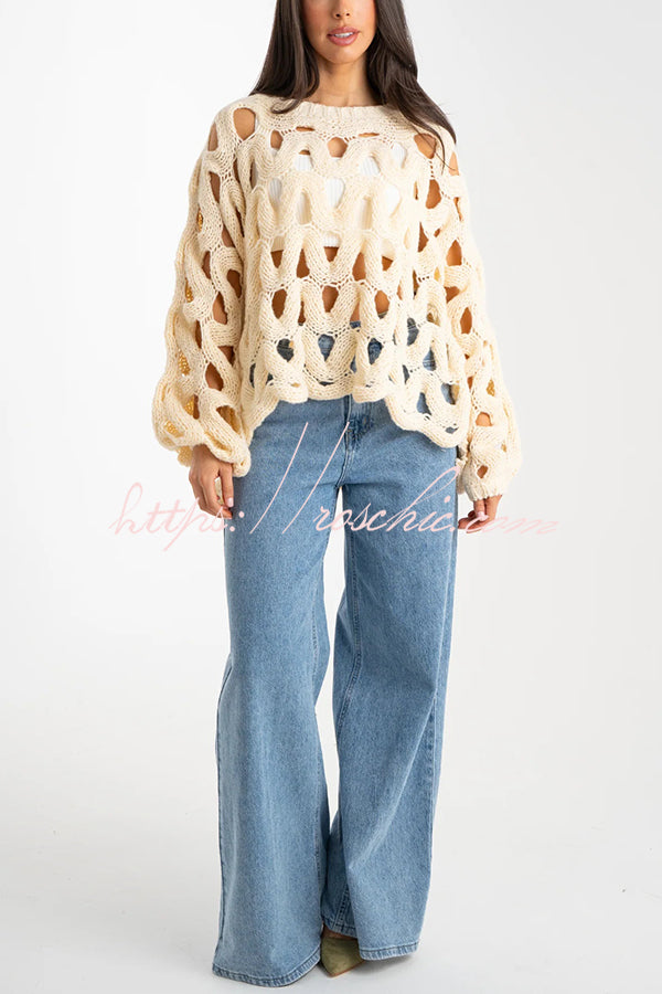 Solid Color Casual Hollow Long-sleeved Holiday Knitted Sweater