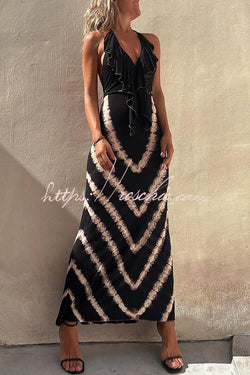 Kyra Ruffle Halter Neck Lace-up Waist Tie-dye Print Maxi Dress