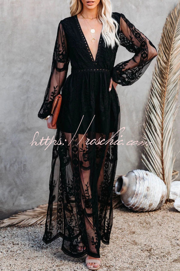 Fairy Air Fluttering V-neck See-through Lace Dress