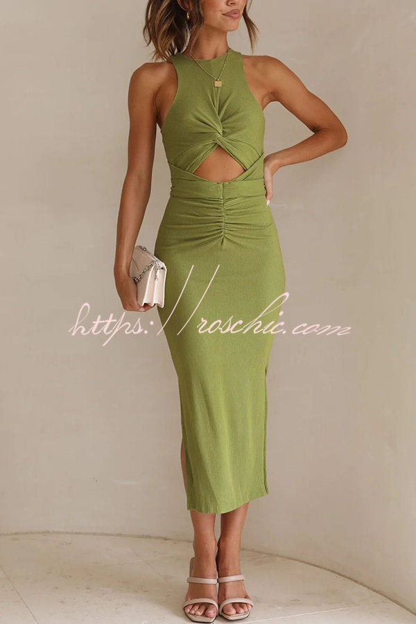 Crushing All Night Ribbed Front Cut Out Ruched Stretch Midi Dress