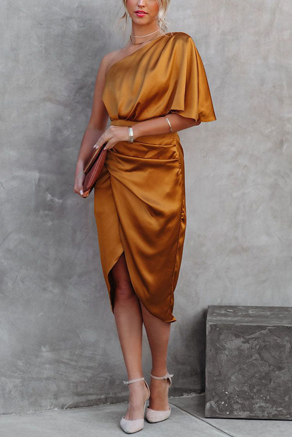 Glam Expectations One Shoulder Satin Drape Dress