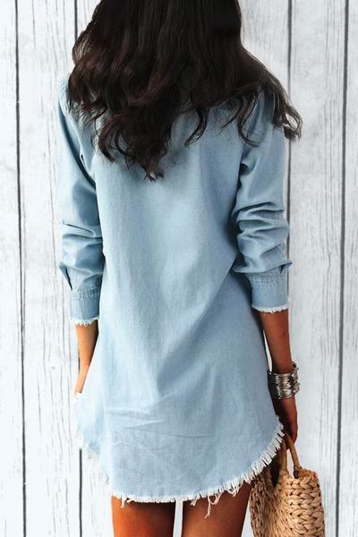 Frayed Denim Buttons Shirt Dress