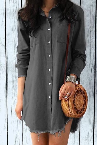 Frayed Denim Buttons Shirt Dress