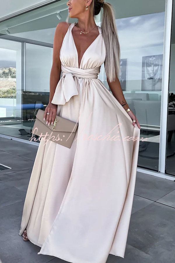 Different Elegant Effects Satin Free Tie Neck Slit Maxi Dress