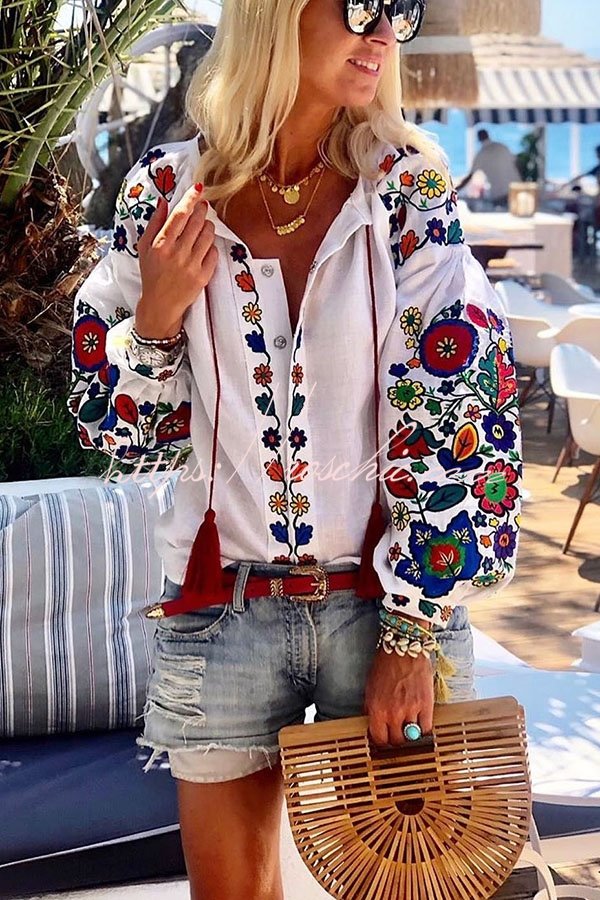 Floral Market Printed Tassel Puff Long Sleeve Blouse