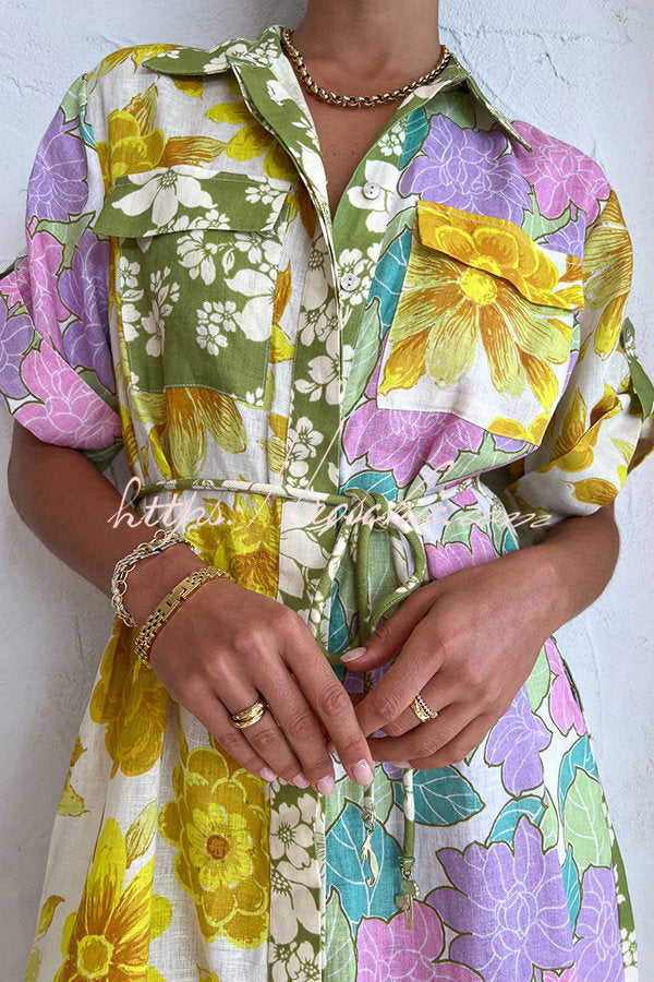 Travel Effortlessly Linen Blend Floral Patchwork Shirt Midi Dress