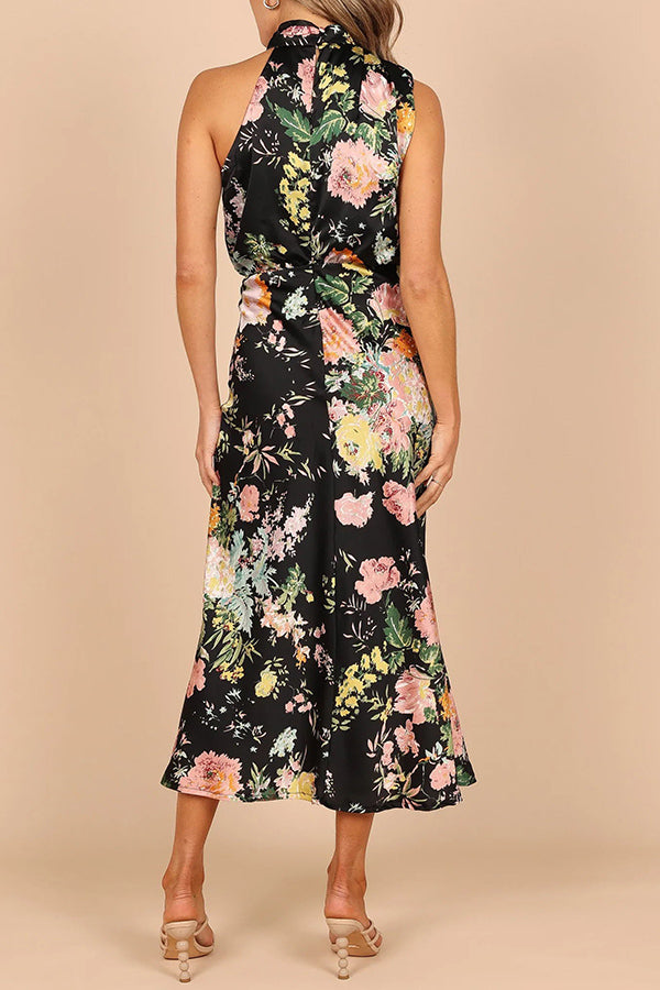 Wine Country Dates Floral Halter Neck Elastic Waist Maxi Dress