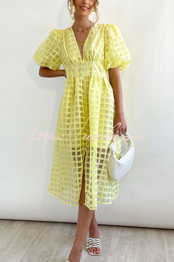 Remarkable Beauty Square Patterned Fabric Puff Sleeve Midi Dress