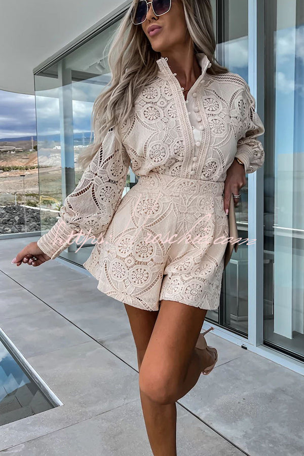 Radiant Blessings Eyelet Crochet Lace Blouse and Shorts Set