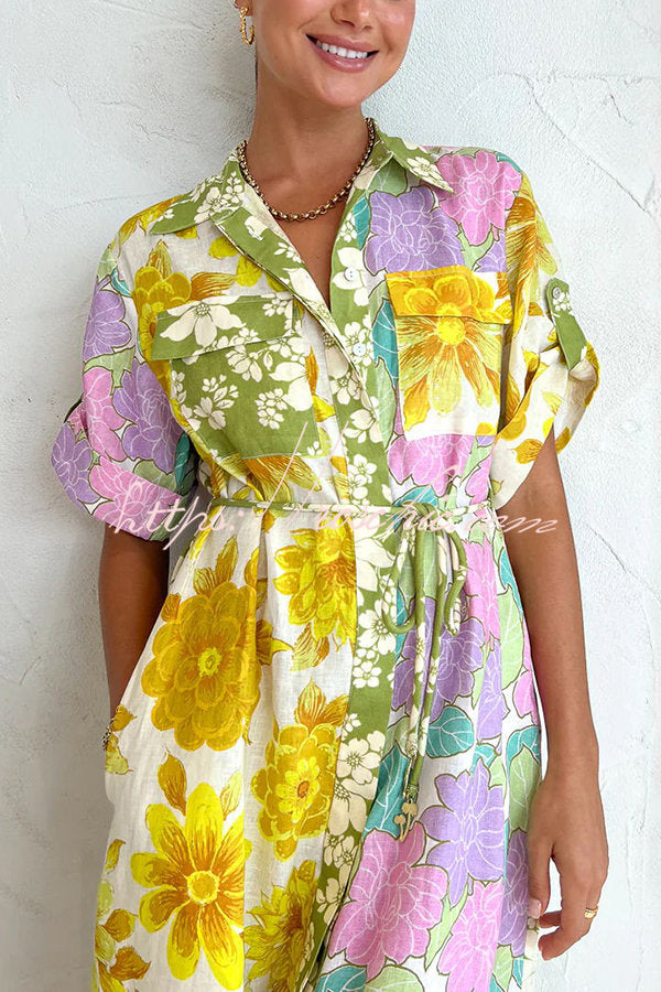 Travel Effortlessly Linen Blend Floral Patchwork Shirt Midi Dress