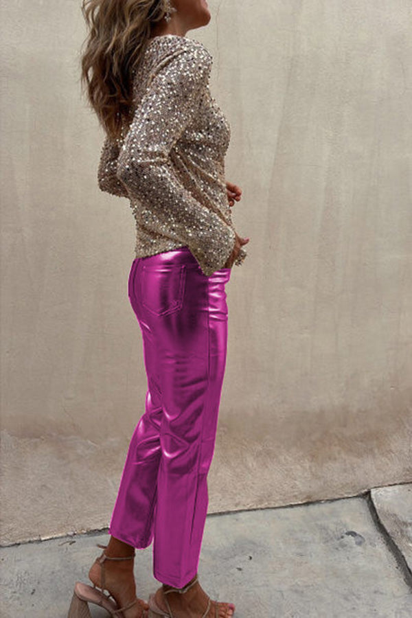 Sinclair Metallic Faux Leather High Rise Pocketed Straight Pants(Shipped Within 24 Hours)