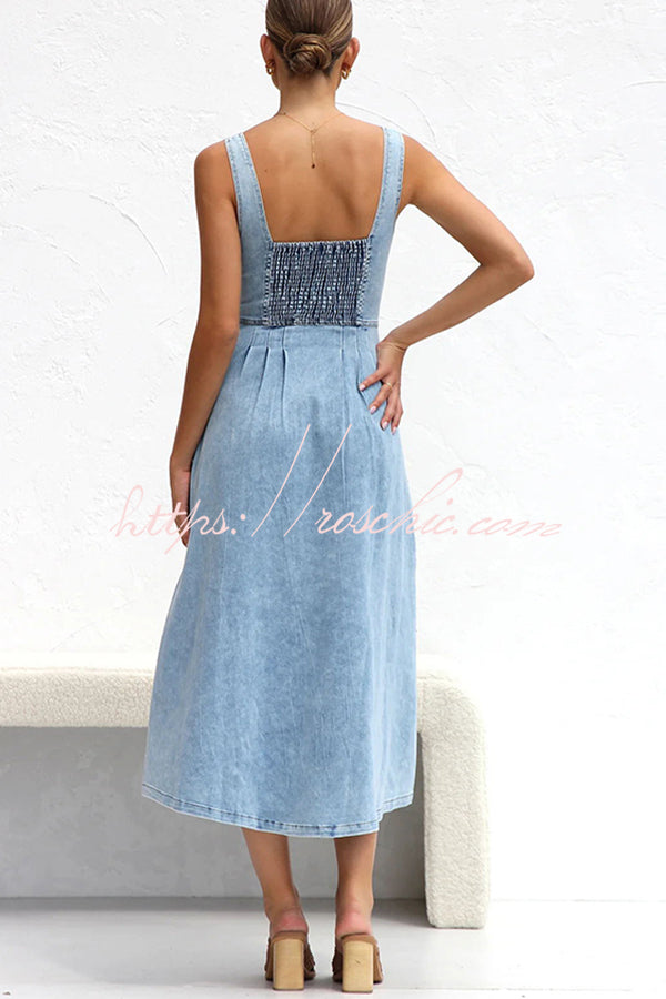 Spring Fling Washed Denim Button Pocket Back Smocked Midi Dress