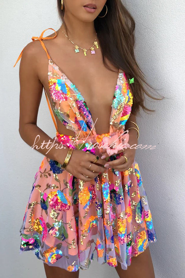 V Neck Open Back Sequined Floral Tie A Line Mini Dress