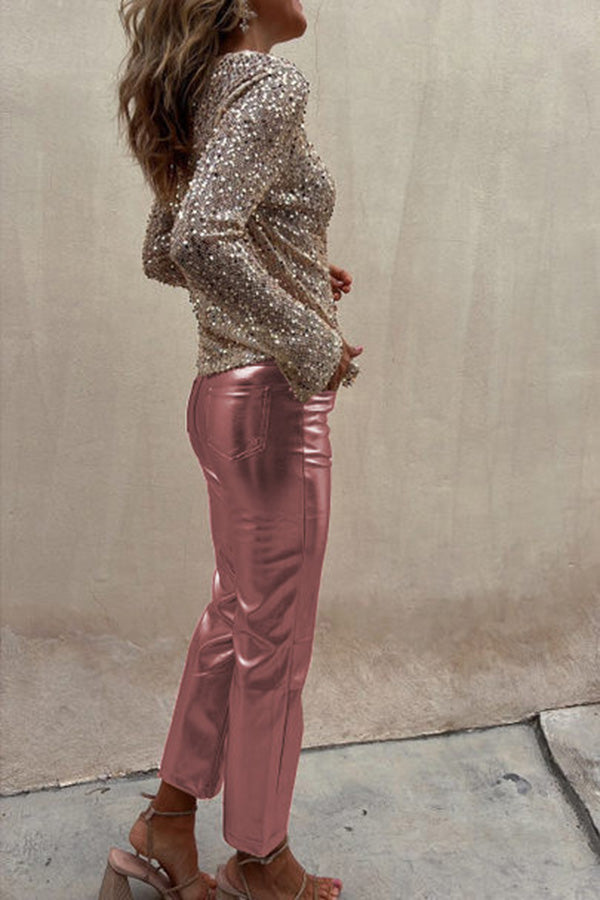 Sinclair Metallic Faux Leather High Rise Pocketed Straight Pants(Shipped Within 24 Hours)