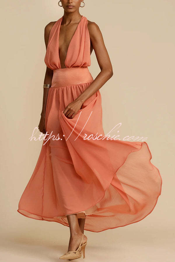 Femininity and Elegance Tulle Halter Neck Backless Maxi Dress