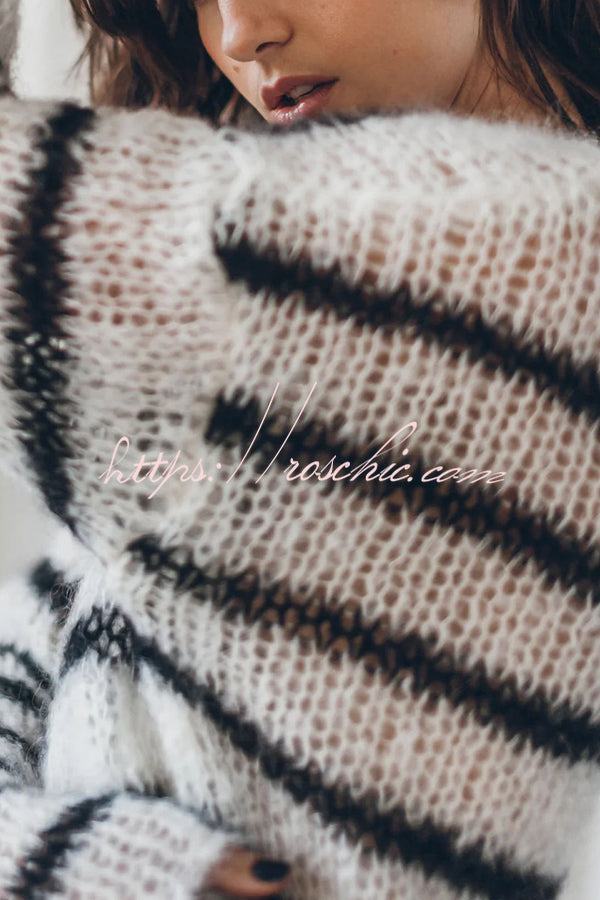 Time for Warmer Layers Fluffy Stripes Relaxed Knit Sweater