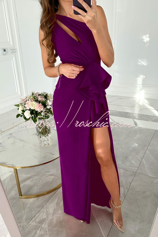 Forever Luxe One Shoulder Cutout Ruffle Split Maxi Dress