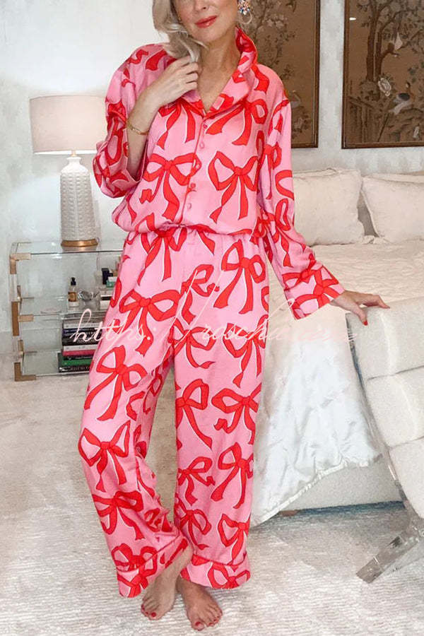 Give You A Surprise Gift Bow Printed Elastic Waist Pocketed Pajama Set