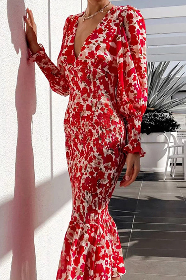 Rowena Floral Bishop Sleeve Smocked Midi Dress – roschic