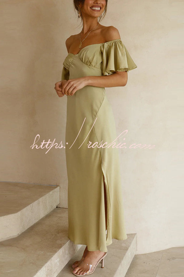 Pure Love Satin Butterfly Sleeve Slit Midi Dress